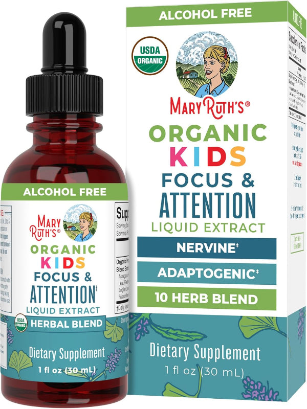 MaryRuth Organics Kids Brain Supplements for Memory and Focus, USDA Organic Drops with Ginkgo Biloba, Rhodiola Root & Licorice Root, Focus & Attention, Calm, Vegan, Non-GMO, Gluten Free, 30 Servings - Nirvana Guru
