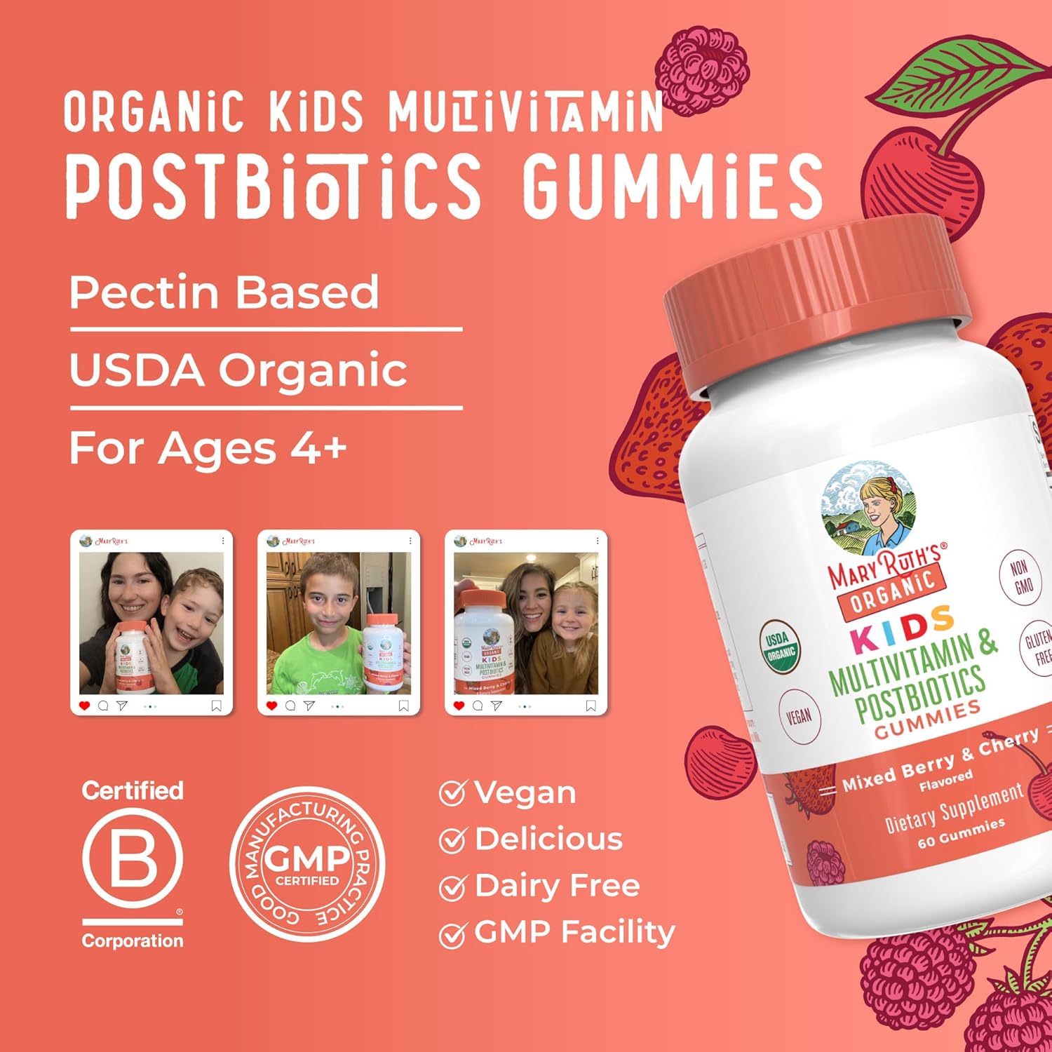 MaryRuth Organics Kids Vitamins | USDA Organic | Multivitamin Gummies + Postbiotics for Ages 4+ | Lactobacillus Rhamnosus | Vegan | Non-GMO | 60 Count - Nirvana Guru