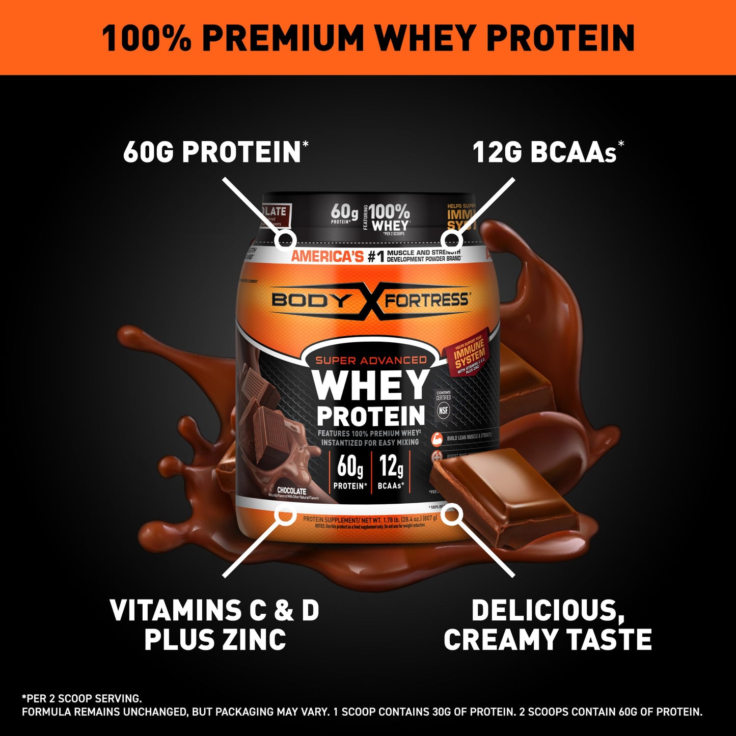 Body Fortress Super Advanced Whey Protein Powder, Vanilla, Immune Support (1), Vitamins C & D Plus Zinc, 1.74 lbs