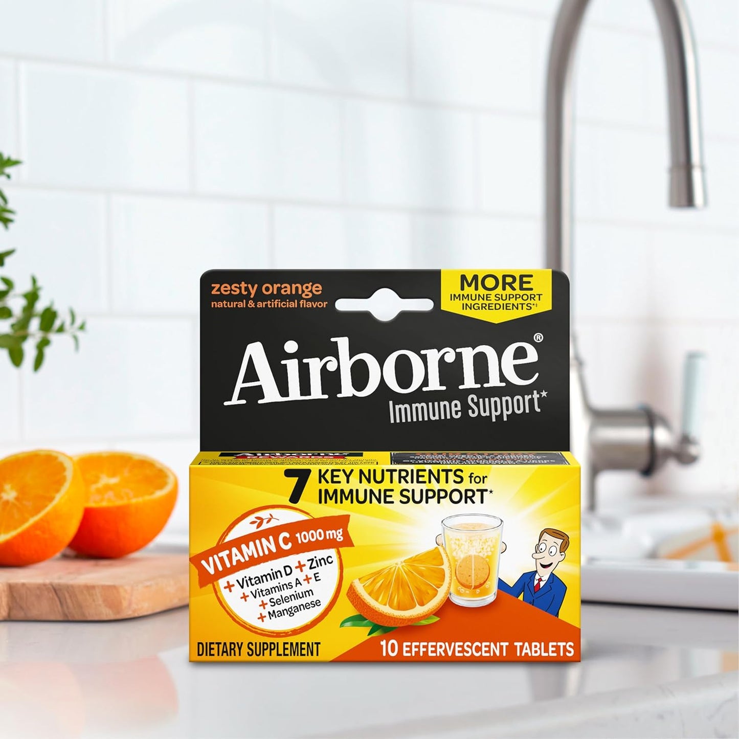Airborne 1000mg Vitamin C with Vitamin D & Zinc, Sugar Free Multivitamin Immune Support Supplement, Antioxidants Vitamins A C & Vitamin E, 10 Effervescent Tablets, Zesty Orange Flavor Nirvana Guru