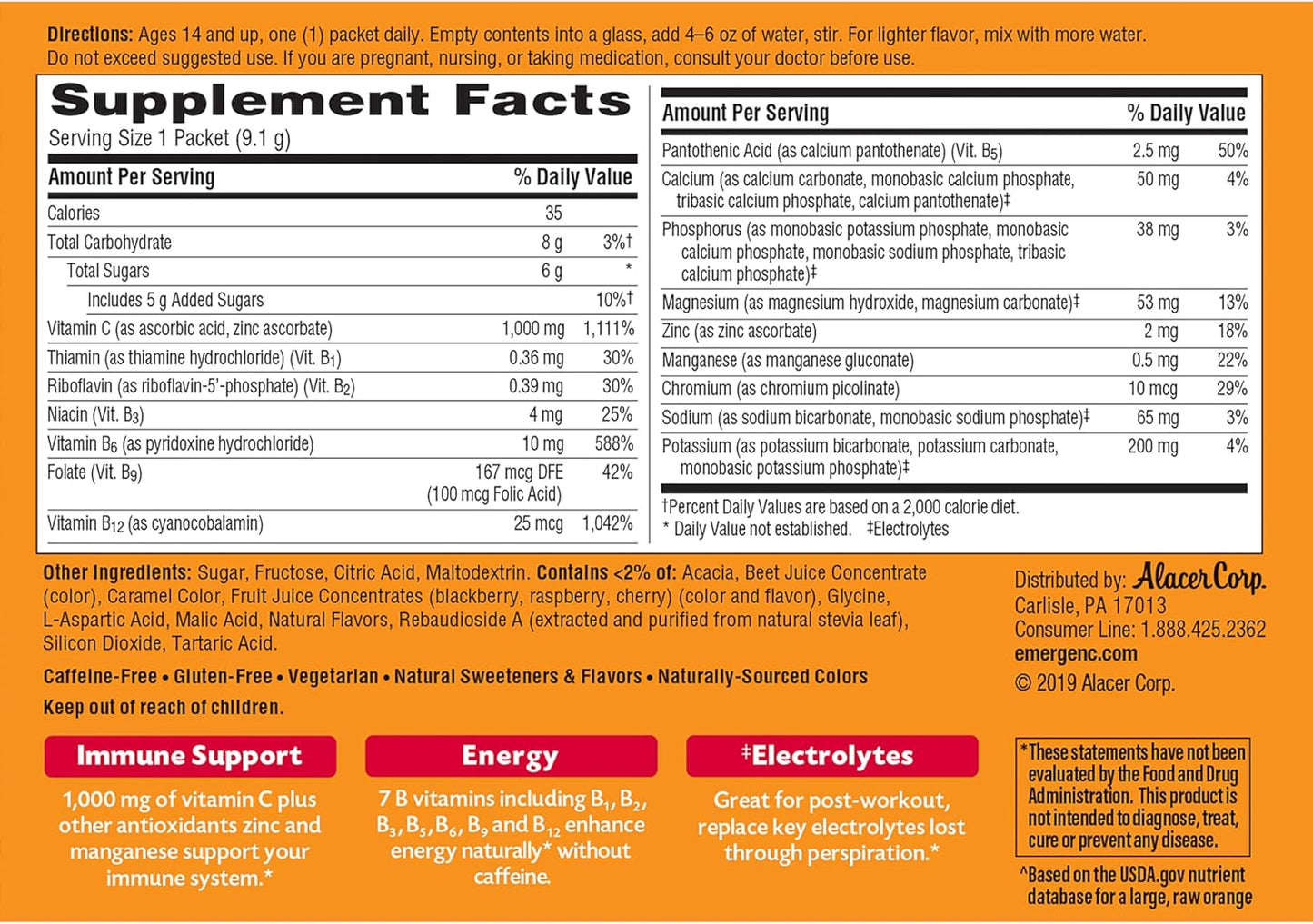 Emergen-C 1000mg Vitamin C Powder for Daily Immune Support Caffeine Free Vitamin C Supplements with Zinc and Manganese, B Vitamins and Electrolytes, Super Orange Flavor - 30 Count Nirvana Guru