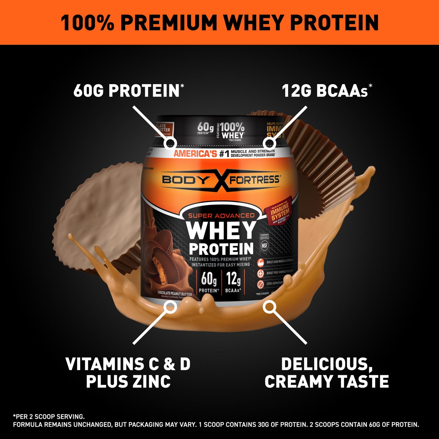 Body Fortress Super Advanced Whey Protein Powder, Vanilla, Immune Support (1), Vitamins C & D Plus Zinc, 1.74 lbs