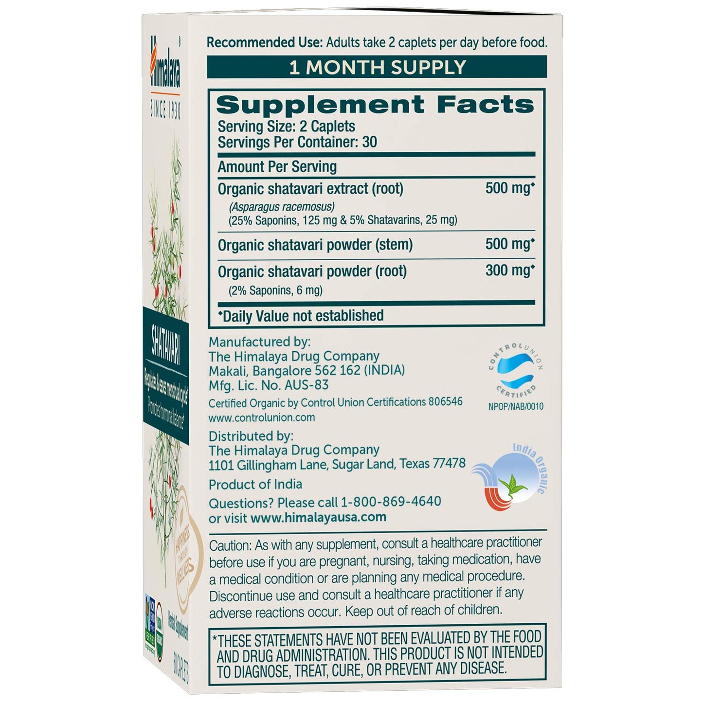 Himalaya Organic Shatavari for PMS, Menstrual Cramp Relief, Menopause Support, and Women's Health, 1,300 mg, 60 Caplets, 1 Month Supply - Nirvana Guru