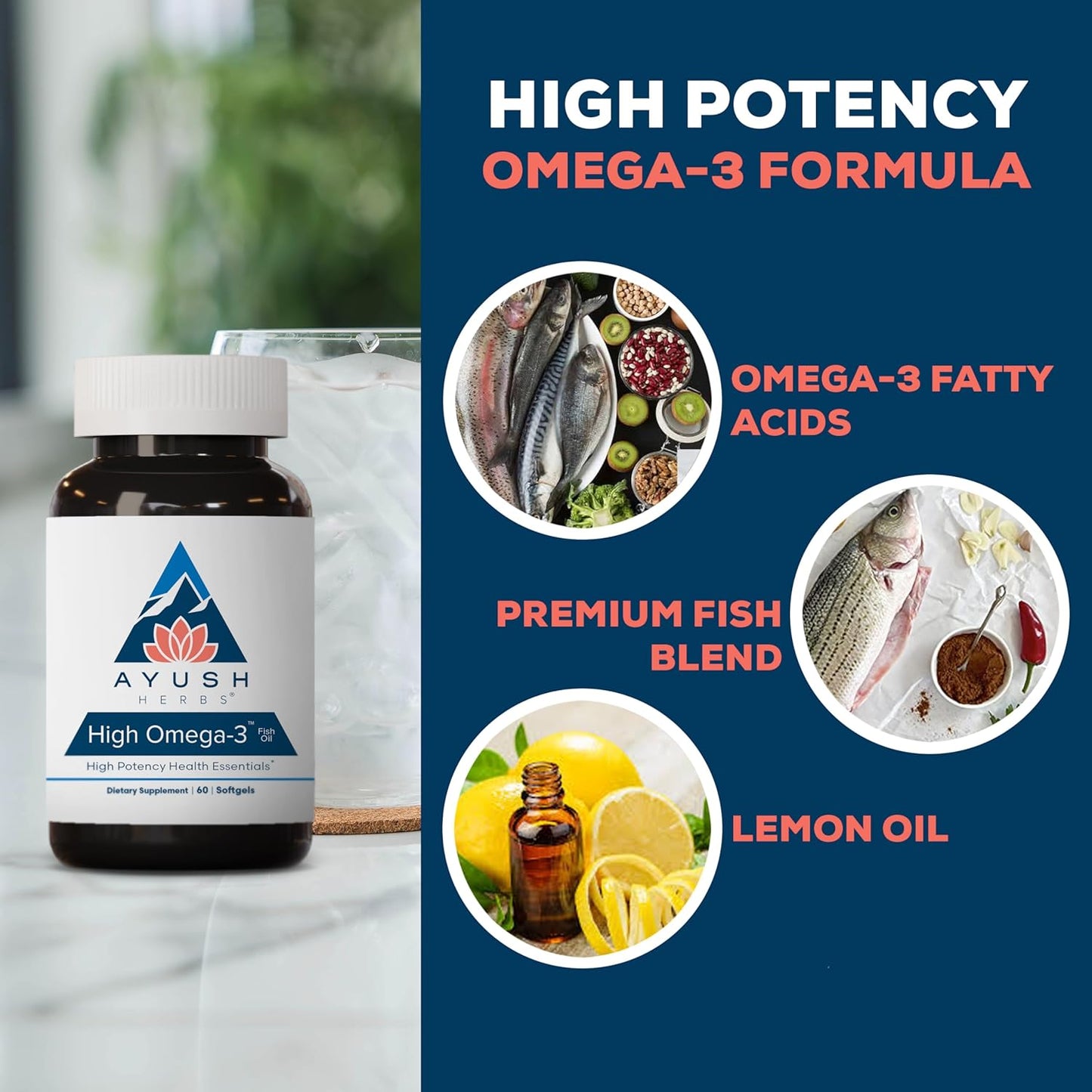 Ayush Herbs High Omega 3 - Omega 3 Fish Oil, 1000mg Per Capsule, EPA & DHA Fish Oil Supplement for Women & Men, Natural Lemon Flavor - 60 Softgel Capsules (1 Count) Nirvana Guru