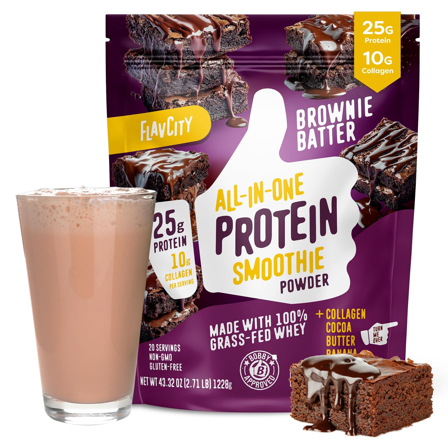 FlavCity Grass Fed Whey Protein Powder - Vanilla Smoothie - 25g Protein & 10g Collagen - Made with Real Vanilla Bean & Organic Coconut Milk - Gluten Free & No Added Sugars (20 Servings)