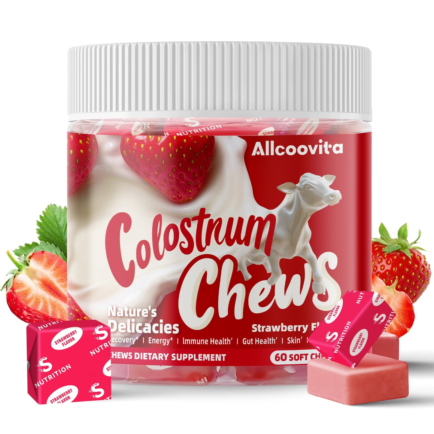 Bovine Colostrum Chews Supplement with probiotics for Gut Health, Bloating, Immune Support, Skin, Hair Growth and Beauty - Strawberry Flavor (60 Servings) Nirvana Guru