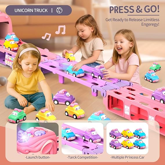Car Toys for 3 4 5 6 7 Year Old Toddler Girl, Unicorn Toys Truck & Foldable Race Track W/Light & Sound, Friction Power Toy Cars W/ 9 Princess Cars, Birthday Gift for Kids Girls Age 4-6 nirvanaguru
