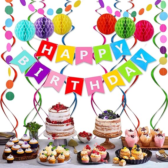Happy Birthday Banner Decoration Set – Rainbow Birthday Banner with 6 Honeycomb Balls, 8 Metallic Hanging Swirls & Circle Paper Garland for Party Supplies nirvanaguru