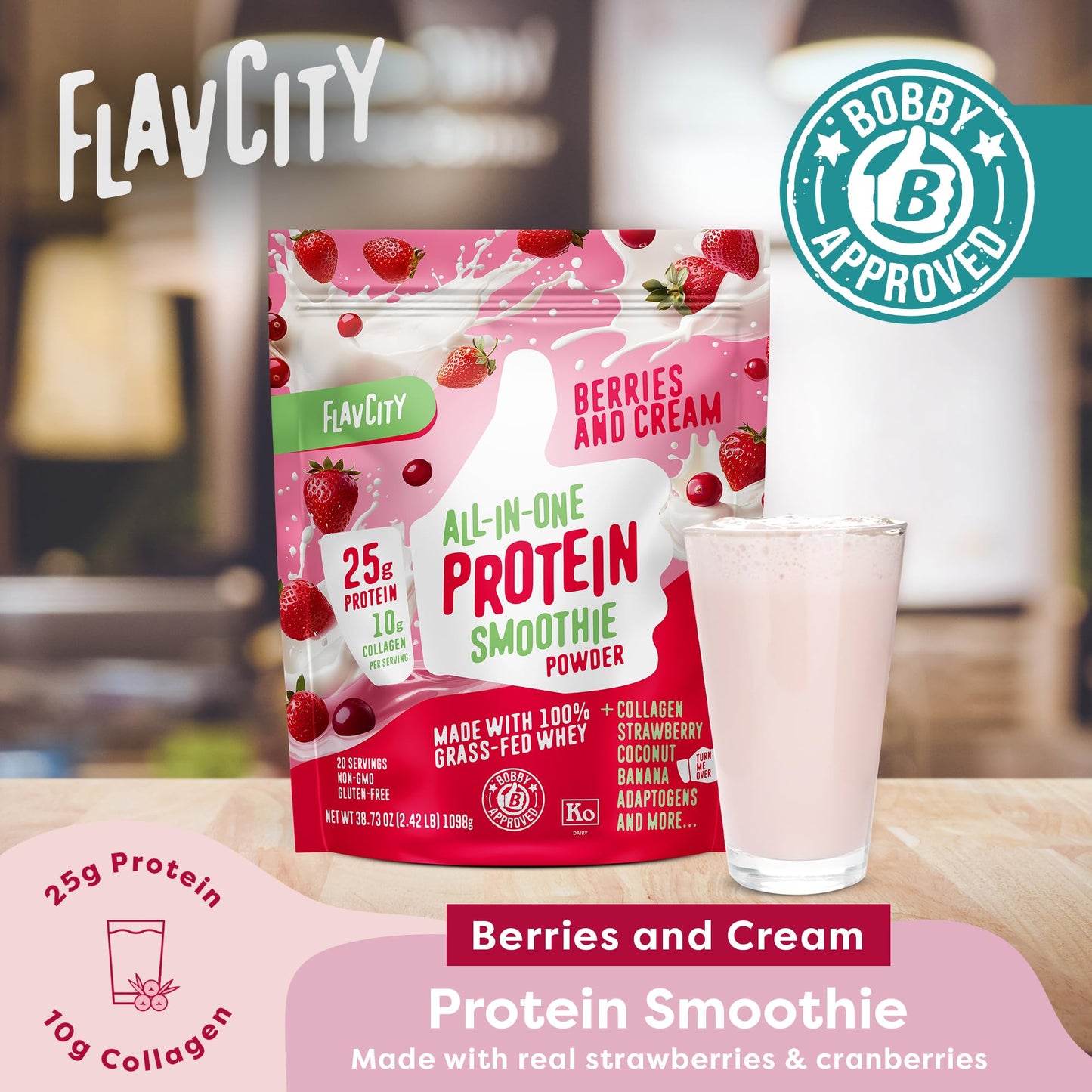 FlavCity Grass Fed Whey Protein Powder - Vanilla Smoothie - 25g Protein & 10g Collagen - Made with Real Vanilla Bean & Organic Coconut Milk - Gluten Free & No Added Sugars (20 Servings)
