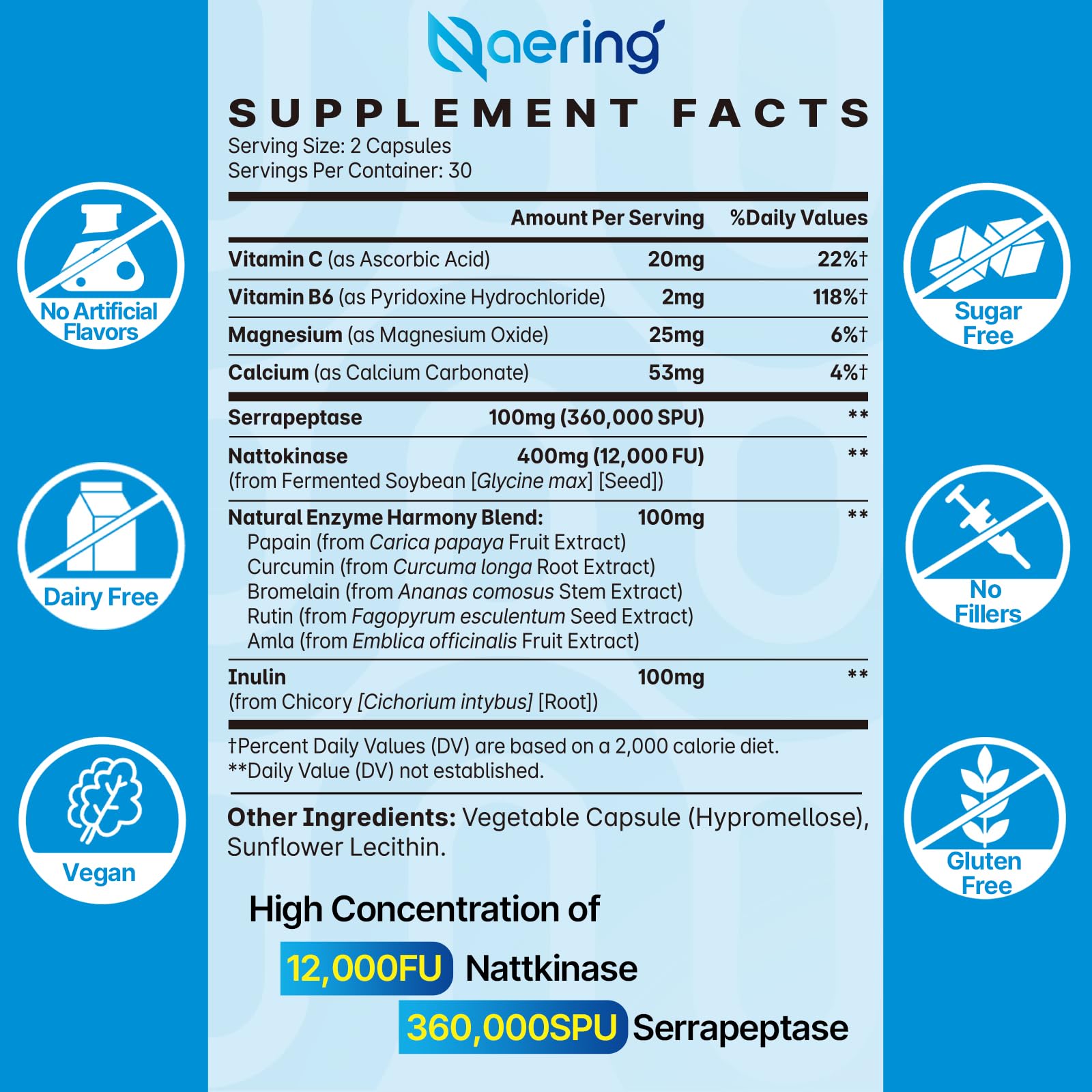 Liposomal Nattokinase 12,000 FU Serrapeptase 360,000 SPU Enzyme Supplement - Enriched with Synergistic Enzymes and Nutrient Blend & Inulin for Circulatory, Gut, Digestion 60 Capsules (1 Bottle) Nirvana Guru