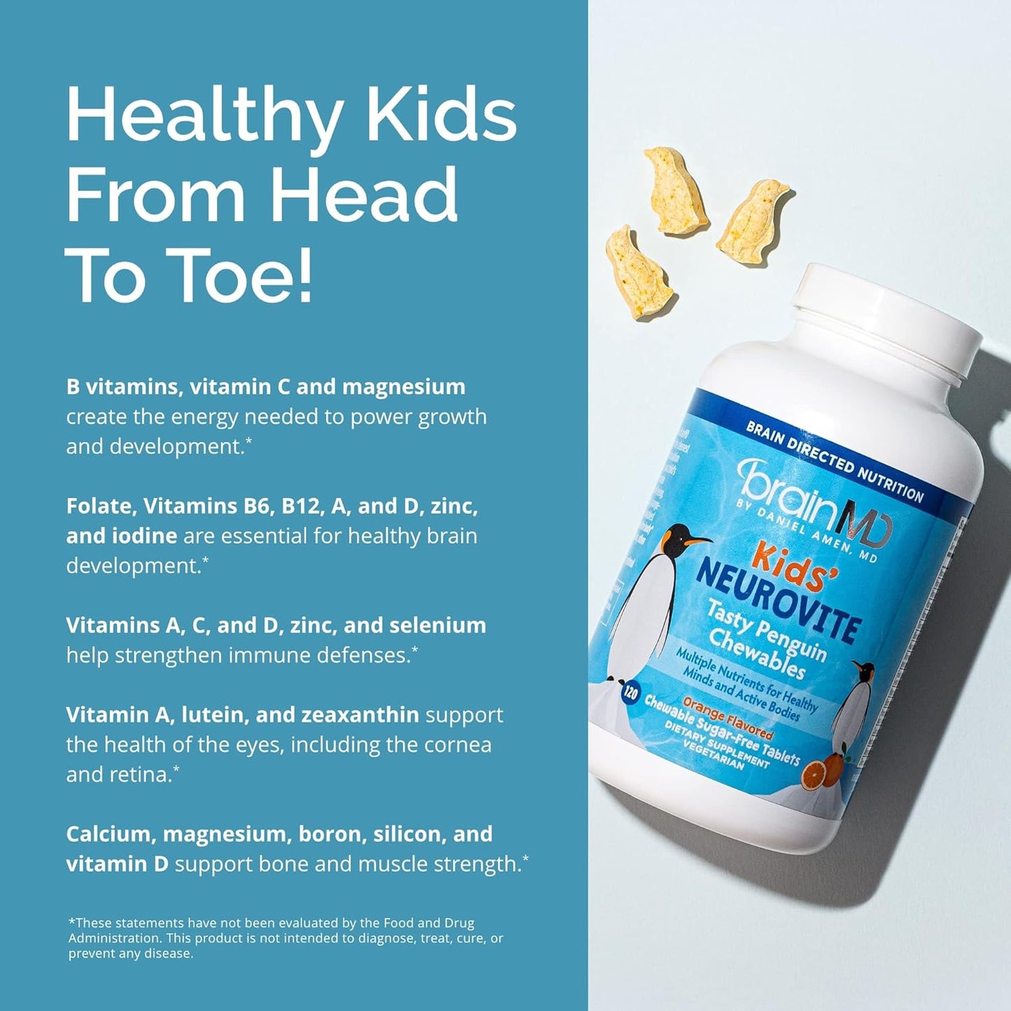 BRAINMD Dr Amen Kids’ NeuroVite, Orange Flavor - 120 Penguin-Shaped Chewables - Multivitamin & Mineral Supplement - Promotes Healthy Development & Growth - Gluten Free - 60 Servings Nirvana Guru
