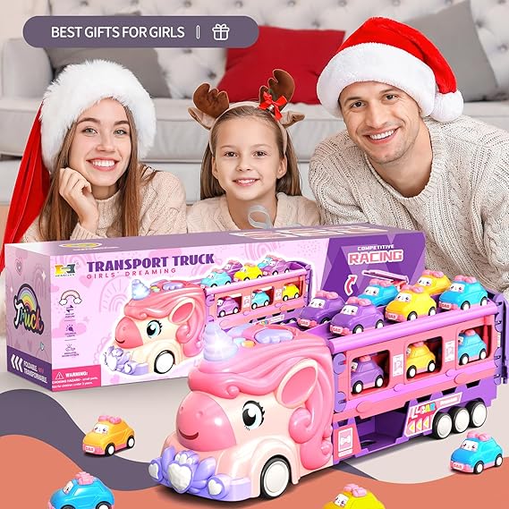 Car Toys for 3 4 5 6 7 Year Old Toddler Girl, Unicorn Toys Truck & Foldable Race Track W/Light & Sound, Friction Power Toy Cars W/ 9 Princess Cars, Birthday Gift for Kids Girls Age 4-6 nirvanaguru