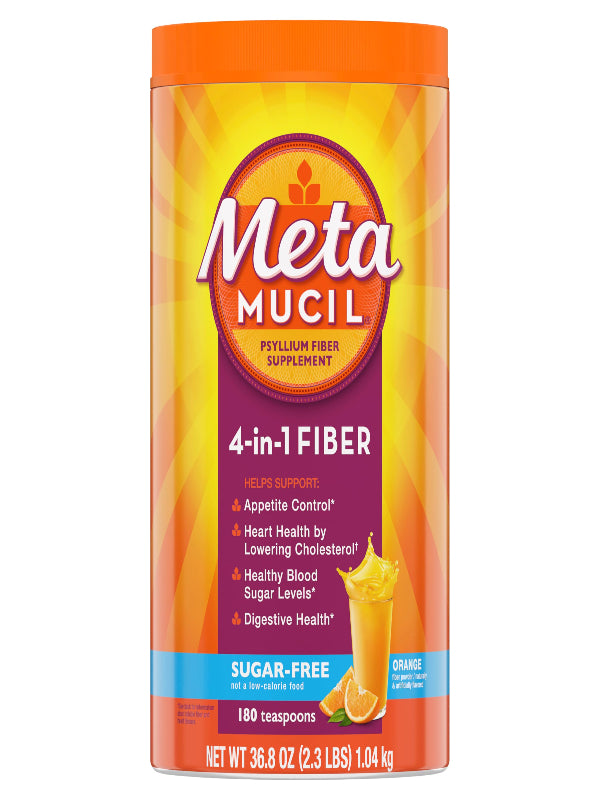 Metamucil 4-in-1 Daily Fiber Supplement, Psyllium Husk Powder for Digestive Health, Sugar-Free Fiber Supplement, Orange, Naturally Sourced Psyllium Husk Powder, 180 teaspoons
