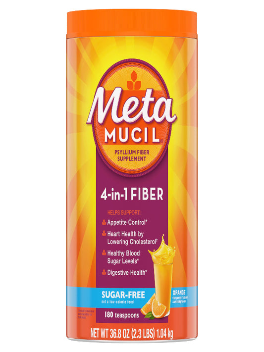 Metamucil 4-in-1 Daily Fiber Supplement, Psyllium Husk Powder for Digestive Health, Sugar-Free Fiber Supplement, Orange, Naturally Sourced Psyllium Husk Powder, 180 teaspoons