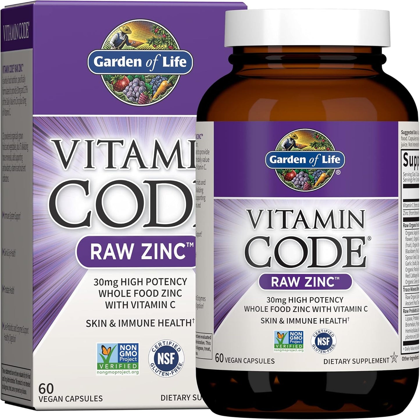 Garden of Life Zinc Supplements 30mg High Potency Raw Zinc and Vitamin C Multimineral Supplement, Vitamin Code Vitamins Trace Minerals & Probiotics for Skin Health & Immune Support, 60 Vegan Capsules - Nirvana Guru