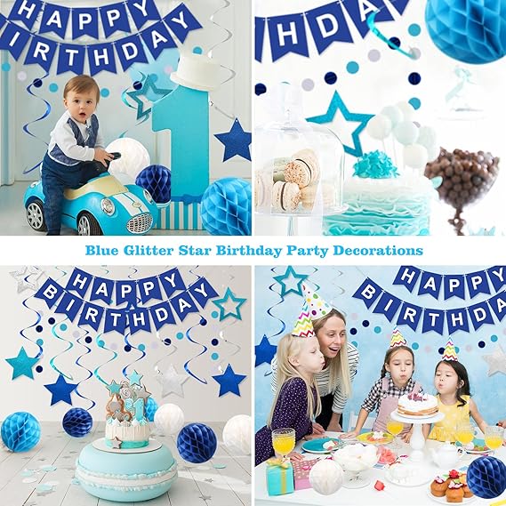meowtastic Birthday Decorations, Happy Birthday Banner with Honeycomb Balls, Stars Hanging Swirl Streamers, Circle Dots Garland, Happy Birthday Party Decorations for Women Men Boys Girls (Blue) nirvanaguru