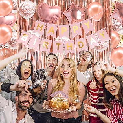 Rose Gold Birthday Party Decorations, Happy Birthday Banner, Rose Gold Fringe Curtain, Heart Star Foil Confetti Balloons, Hanging Swirls for Women Girls Birthdays Princess Party Nirvana Guru