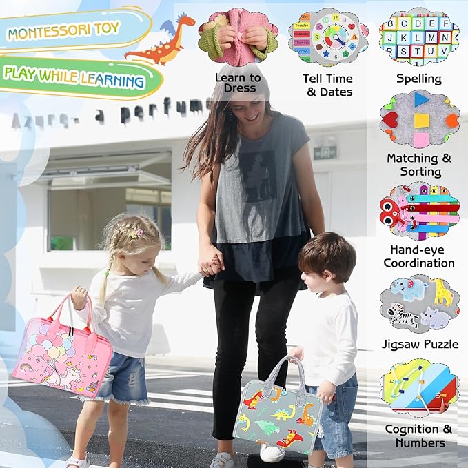 Esjay Toddler Busy Board Montessori Toys for Boys Girls, Sensory Board Educational Activities for Learning Fine Motor Skills, Birthday Gifts for Toddlers, Travel Toys for Airplane Car,Grey Dinosaur nirvanaguru