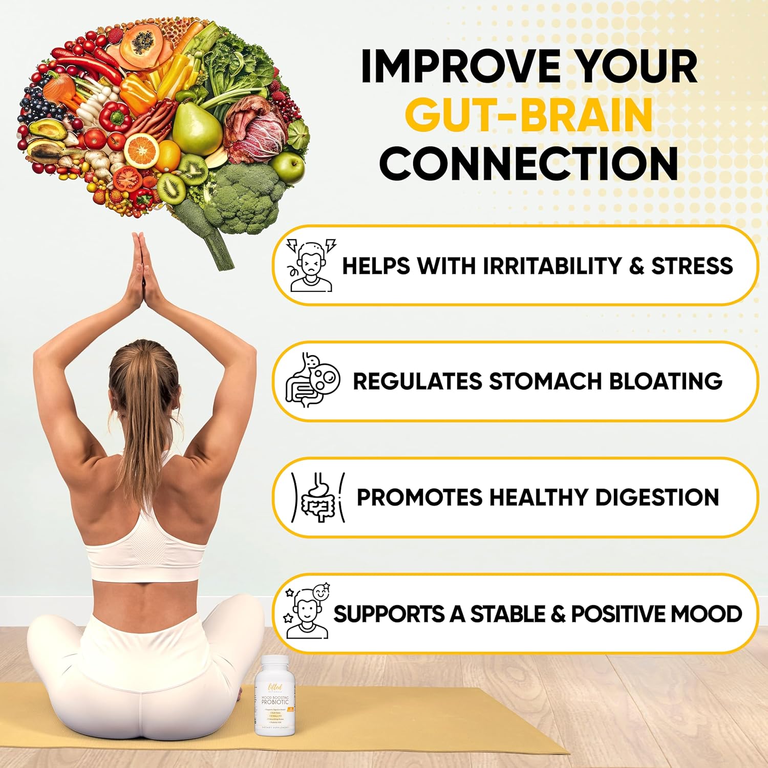 Lifted Naturals Mood Boosting Probiotic 30 Billion CFU - Mood Support Supplement, Prebiotics and Probiotics for Women & Men, Acidophilus Lactobacillus Probiotic, Shelf Stable & Non-GMO, 60 Capsules - Nirvana Guru