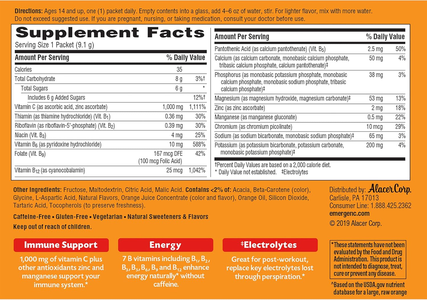 Emergen-C 1000mg Vitamin C Powder for Daily Immune Support Caffeine Free Vitamin C Supplements with Zinc and Manganese, B Vitamins and Electrolytes, Super Orange Flavor - 30 Count Nirvana Guru
