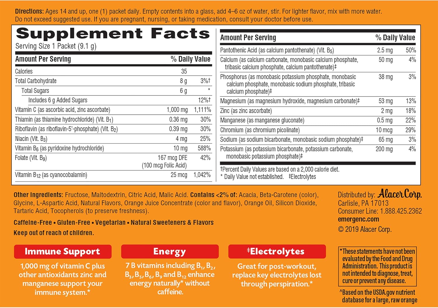 Emergen-C 1000mg Vitamin C Powder for Daily Immune Support Caffeine Free Vitamin C Supplements with Zinc and Manganese, B Vitamins and Electrolytes, Super Orange Flavor - 30 Count Nirvana Guru