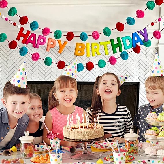 Pre-Strung Happy Birthday Banner - Felt Ball Garland - Reusable Happy Birthday Garland, Rainbow Party Decorations, Personalized Holiday Sign for Party Decor, Kids Room Decor, Photo Prop (Rainbow) nirvanaguru