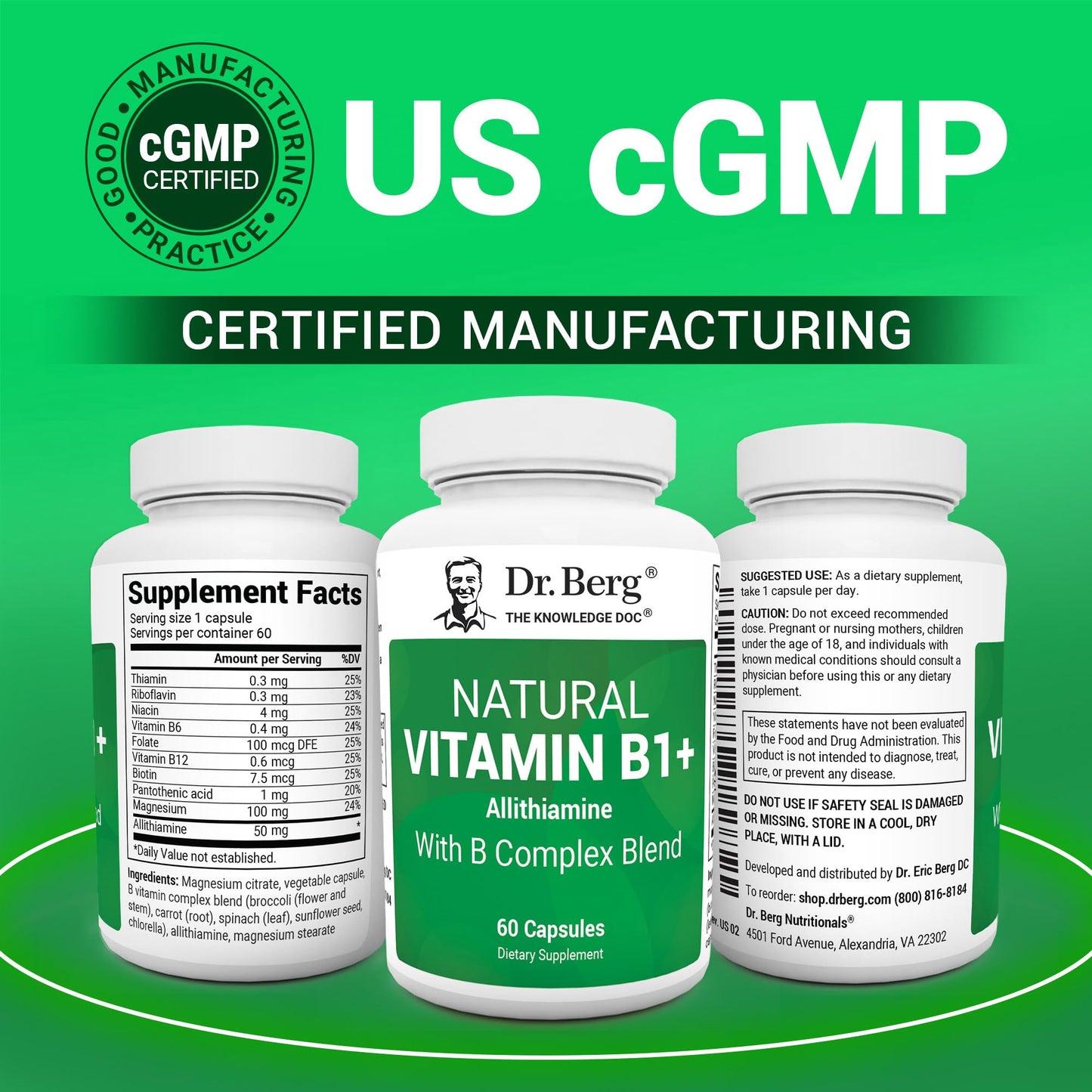 Dr. Berg Natural Vitamin B1 B6 B12 Complex - Allithiamine Vitamin B1 Supplement with 8 Essential Vitamin B Complex for Men & Women Including Thiamin, Niacin, Folate, Magnesium & More - 60 Capsules - Nirvana Guru