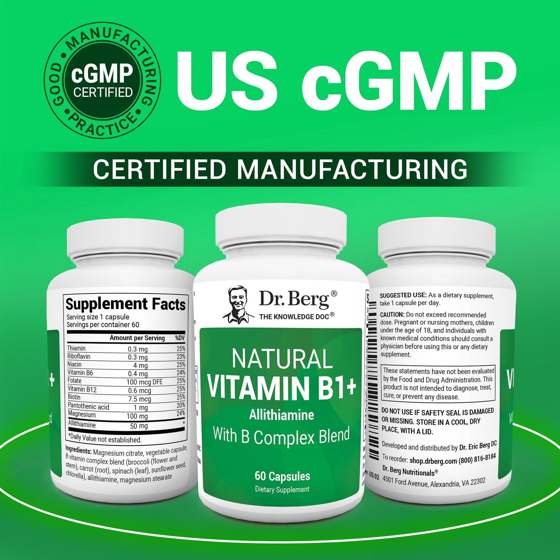 Dr. Berg Natural Vitamin B1 B6 B12 Complex - Allithiamine Vitamin B1 Supplement with 8 Essential Vitamin B Complex for Men & Women Including Thiamin, Niacin, Folate, Magnesium & More - 60 Capsules - Nirvana Guru