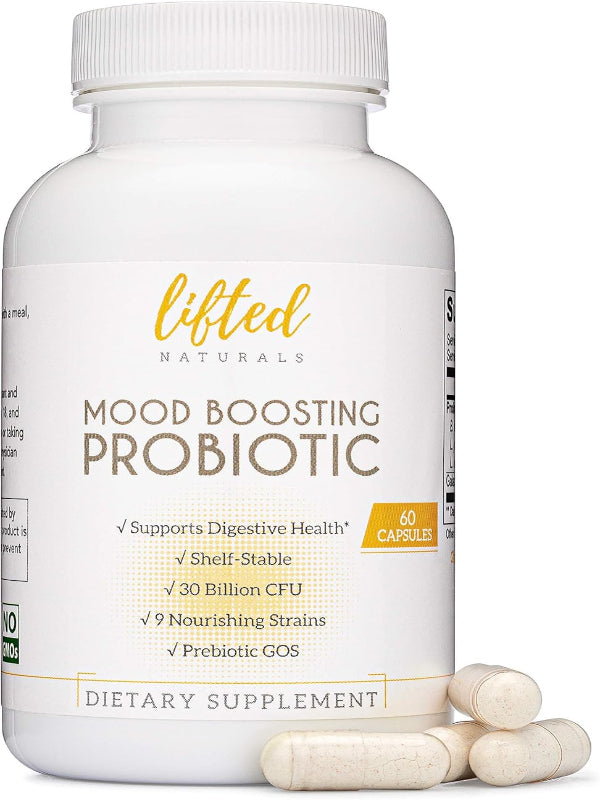 Lifted Naturals Mood Boosting Probiotic 30 Billion CFU - Mood Support Supplement, Prebiotics and Probiotics for Women & Men, Acidophilus Lactobacillus Probiotic, Shelf Stable & Non-GMO, 60 Capsules - Nirvana Guru