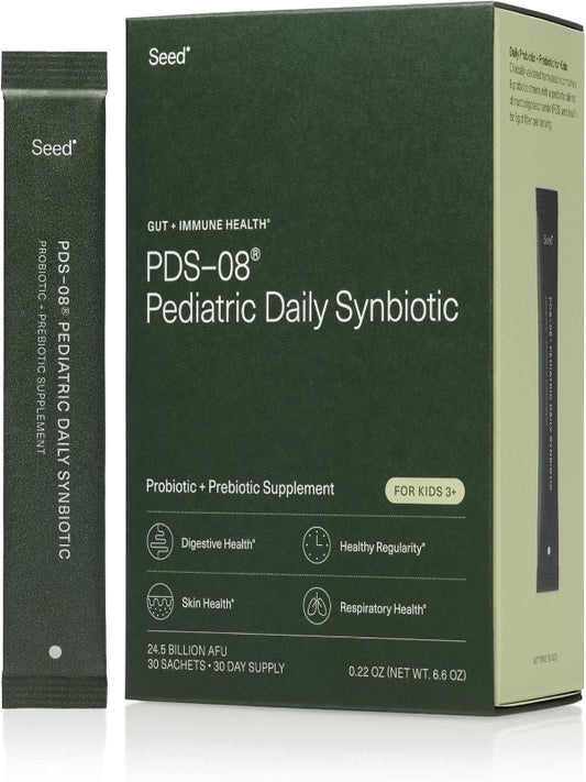 Seed PDS-08 Pediatric Daily Synbiotic - Fiber-Based Prebiotic & Probiotic for Kids - Digestive Health, Regularity, Constipation Relief - Ages 3-17 - Vegan and Shelf-Stable - 30 Sachets (30-Day Supply) - Nirvana Guru