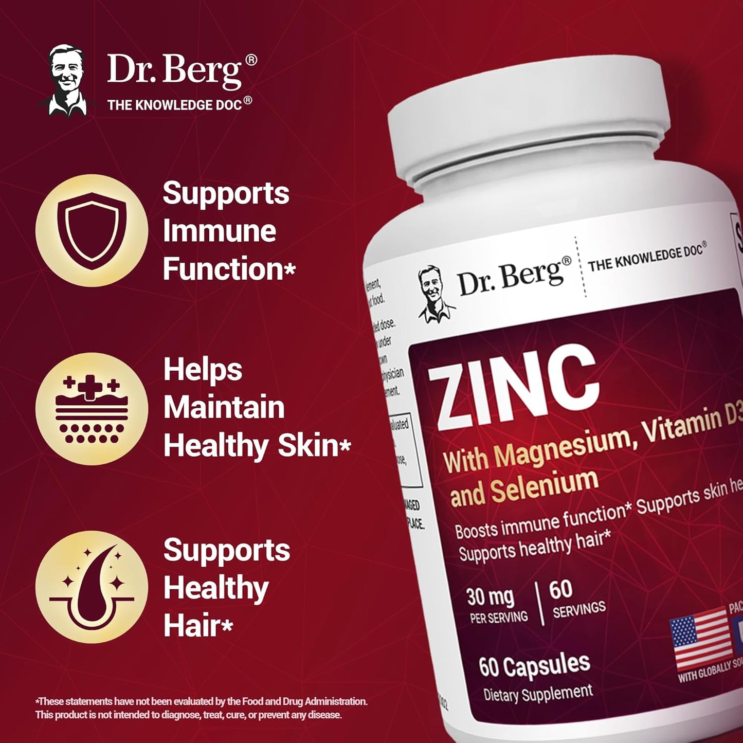 Dr. Berg Zinc 30mg Enhanced with Magnesium, Vitamin D3, Selenium, & Copper - Zinc Supplements for Men & Women - Chelated Zinc for Immune, Skin, Hair, & Nails Support* - 60 Capsules - Nirvana Guru