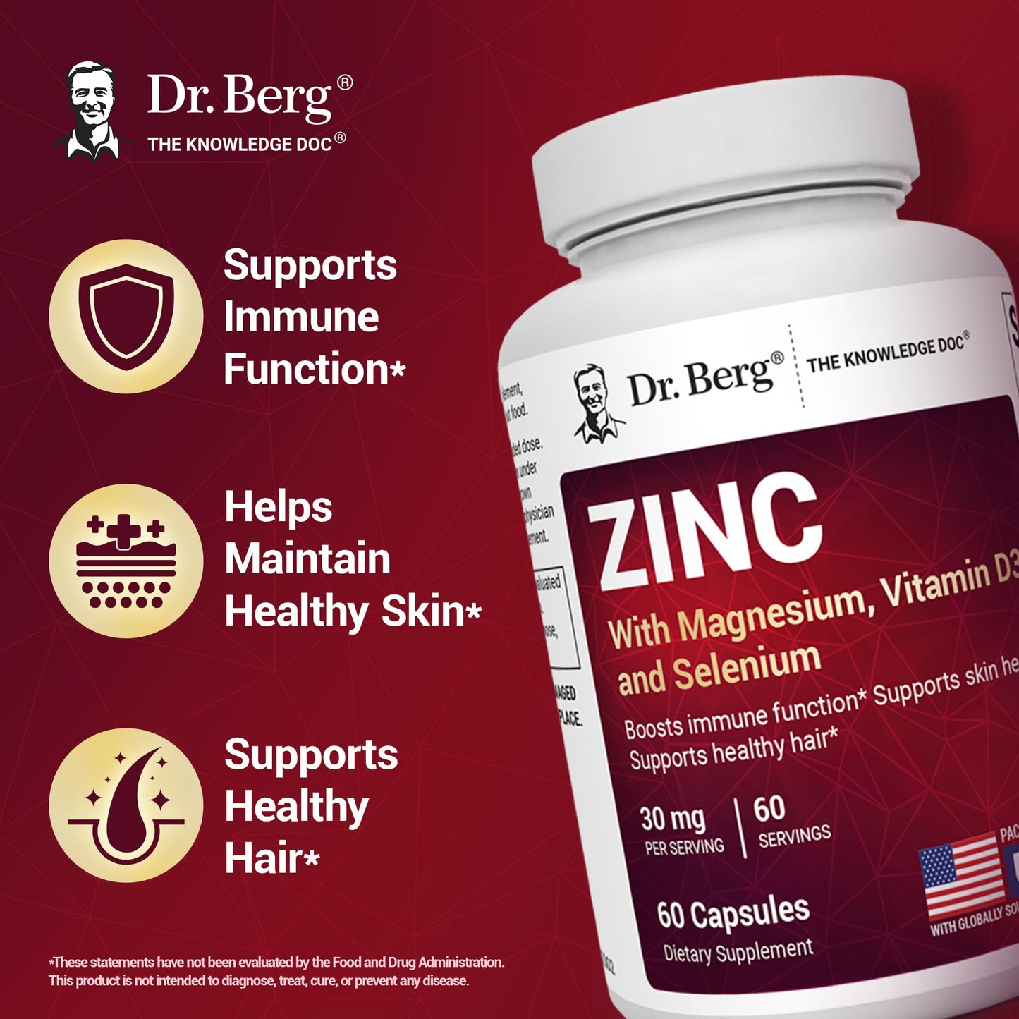 Dr. Berg Zinc 30mg Enhanced with Magnesium, Vitamin D3, Selenium, & Copper - Zinc Supplements for Men & Women - Chelated Zinc for Immune, Skin, Hair, & Nails Support* - 60 Capsules - Nirvana Guru