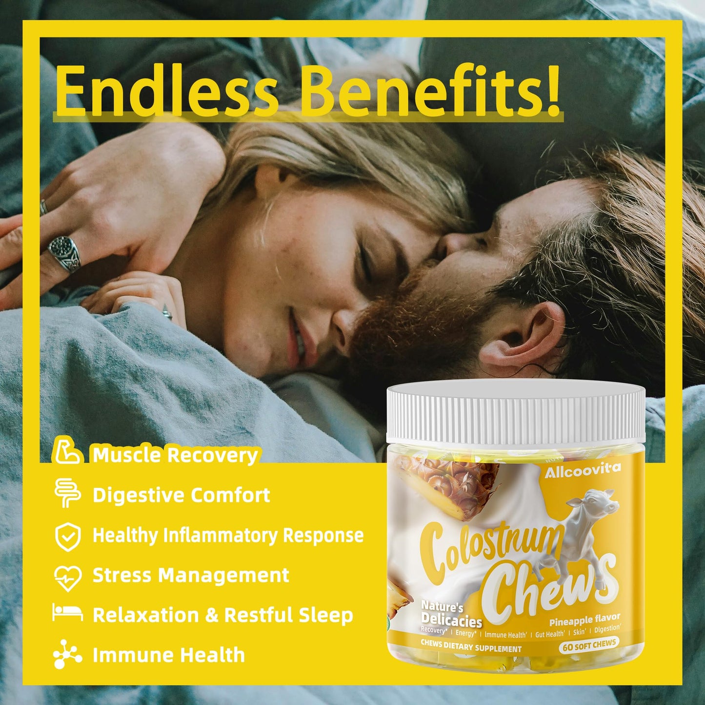 Bovine Colostrum Chews Supplement with probiotics for Gut Health, Bloating, Immune Support, Skin, Hair Growth and Beauty - Strawberry Flavor (60 Servings) Nirvana Guru