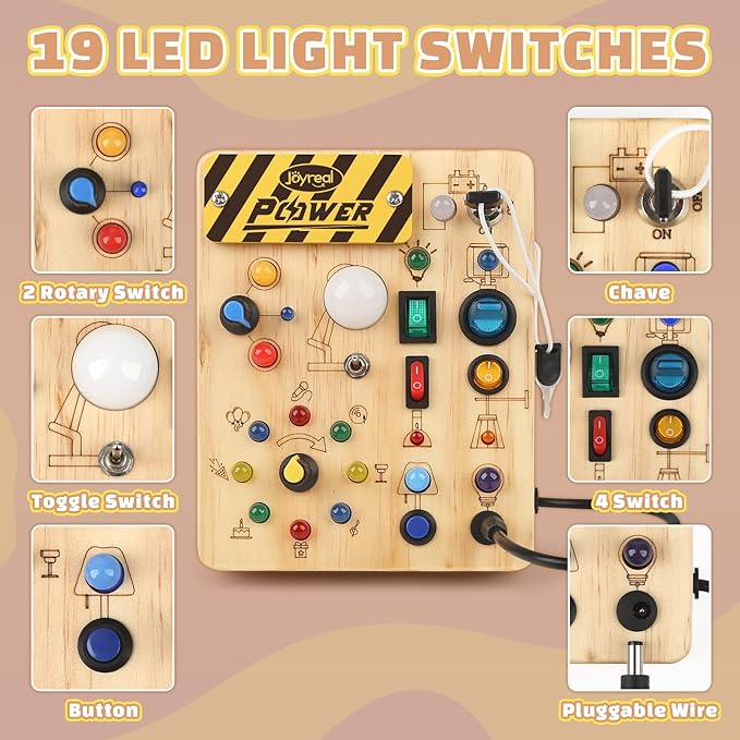 Joyreal Montessori Busy Board Wooden Sensory Toys for Toddler with LED Light Up Switch, Baby Fidget Board Travel Toys for 18+ Months, Boys Girls Birthday, Medium nirvanaguru