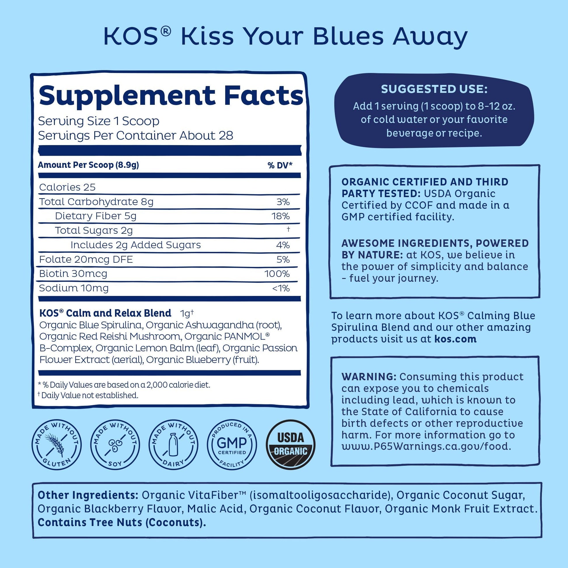 KOS Calming Blue Spirulina Blend- USDA Certified Organic - Algae Superfood Powder with Ashwagandha Root, Lemon Balm, Reishi Mushroom, B Vitamins - Berry Coconut Cooler Flavor, 28 Servings - Nirvana Guru