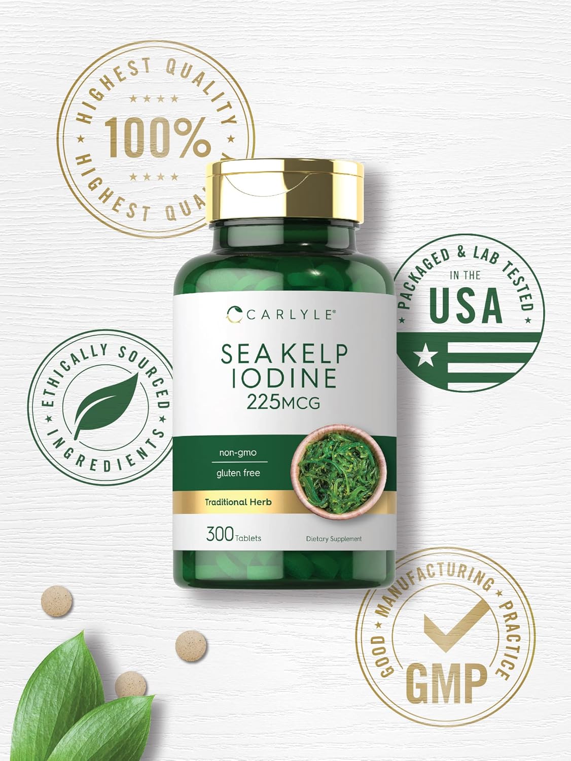 Carlyle Sea Kelp Iodine Supplement | 225mcg | 300 Tablets | Non-GMO, Gluten Free | Traditional Herb Supplement Nirvana Guru