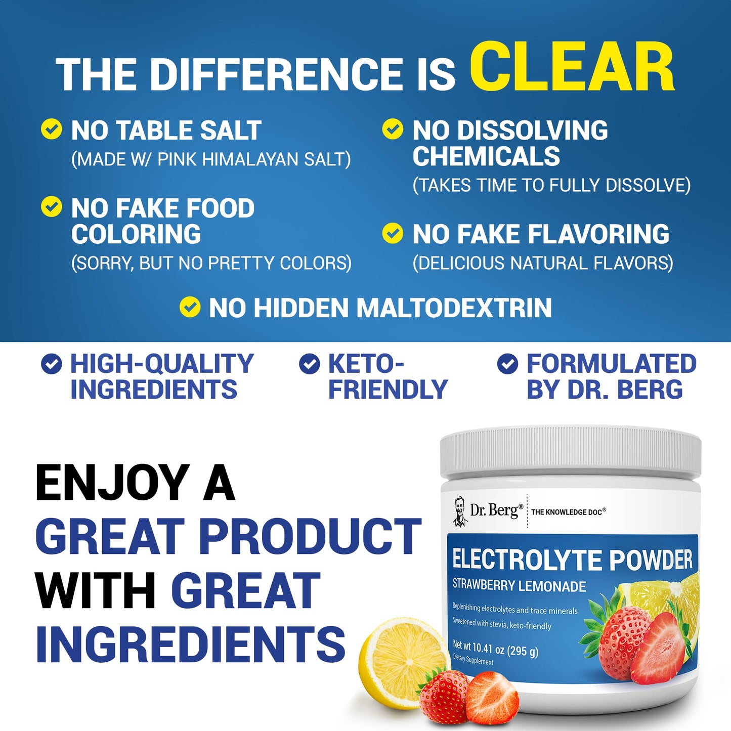 Dr. Berg Zero Sugar Hydration Keto Electrolyte Powder - Enhanced w/ 1000 mg of Potassium & Real Pink Himalayan Salt (NOT Table Salt) - Raspberry & Lemon Flavor Hydration Drink Supplement, 100 Servings Nirvana Guru