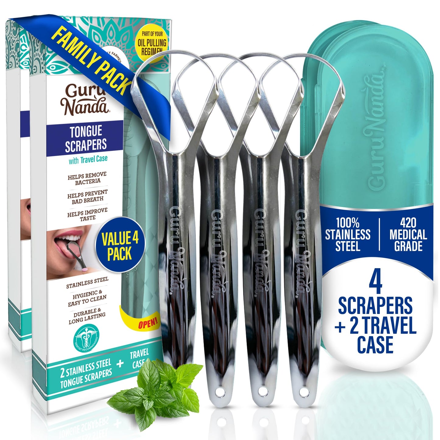 GuruNanda Tongue Scraper for Adults (2 Pack) with Travel Case, 420 Medical-Grade 100% Stainless Steel Tongue Cleaner, Aids in Fresh Breath & Oral Care Nirvana Guru