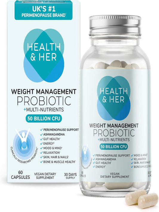 Health & Her Weight Management Probiotics for Women - Perimenopause & Menopause Supplement - Clinically Studied 50bn CFU Probiotics to Support Gut Health, Energy, Mood & Mind, Vegan (60 ct - 1 Month) - Nirvana Guru