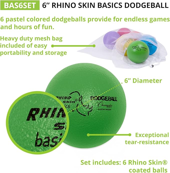 Champion Sports Rhino Skin Dodgeball Set – 6 Soft Foam Dodgeballs with Tear-Resistant Coating, Grip Surface, Low Bounce, Mesh Bag, Indoor & Outdoor Playground or PE Class Ball Set – 6” or 7” Nirvana Guru