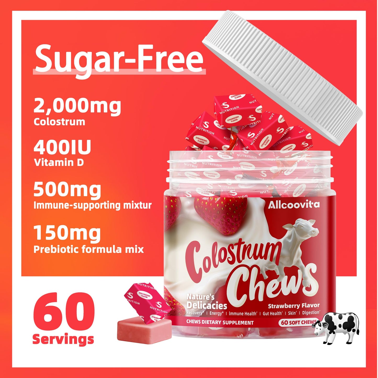 Bovine Colostrum Chews Supplement with probiotics for Gut Health, Bloating, Immune Support, Skin, Hair Growth and Beauty - Strawberry Flavor (60 Servings) Nirvana Guru