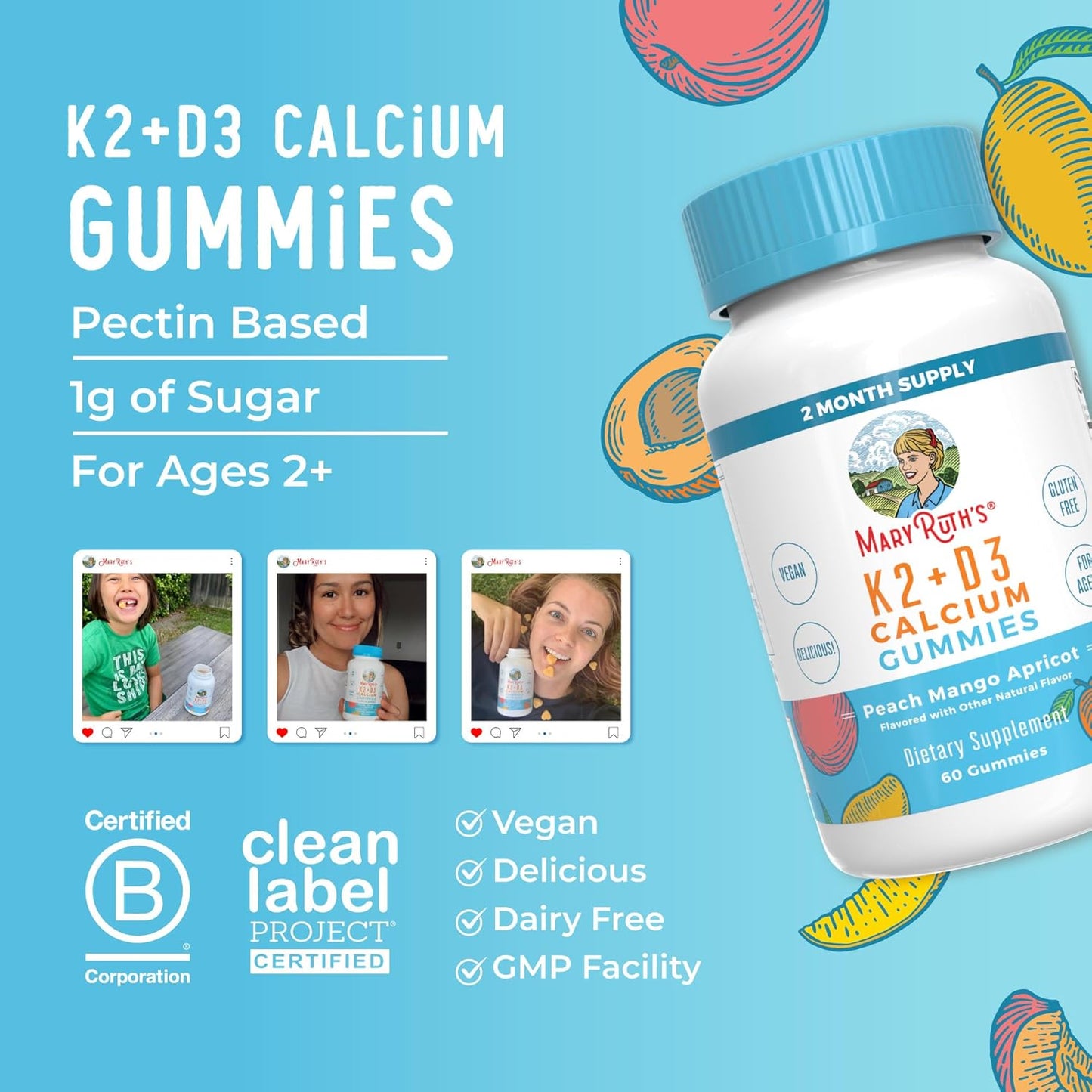 MaryRuth Organics Calcium with Vitamin D & Vitamin K2, 2 Month Supply, Calcium Supplement Supports Bone Health & Joint Support, with Vitamins D3 K2 Gummies, Vegan, Non-GMO, Gluten Free, 60 Count - Nirvana Guru