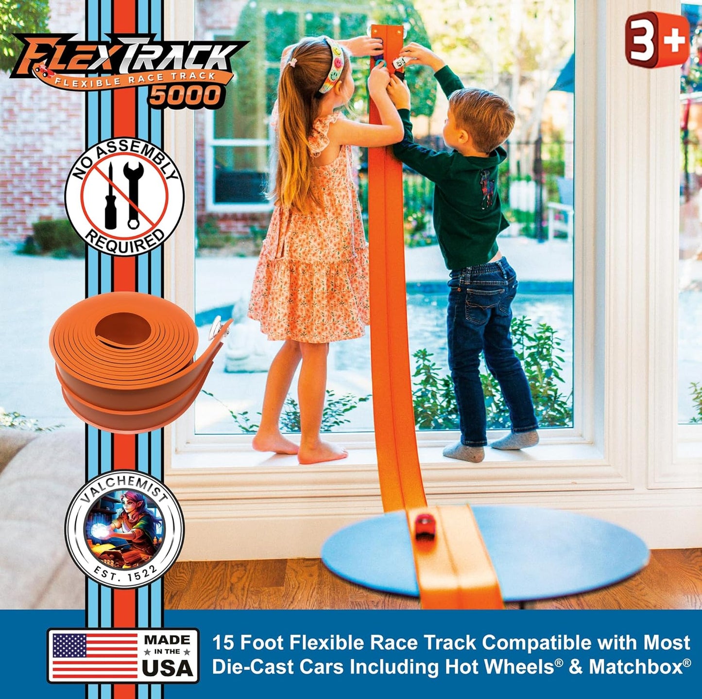 FlexTrack 5000 Flexible Race Car Track for Kids Toy with Suction Cups Compatible with Hot Wheels and Diecast 1/64th Cars and More 15 Feet Long Rolls Up Portable Racetrack (Blazing Orange) Nirvana Guru