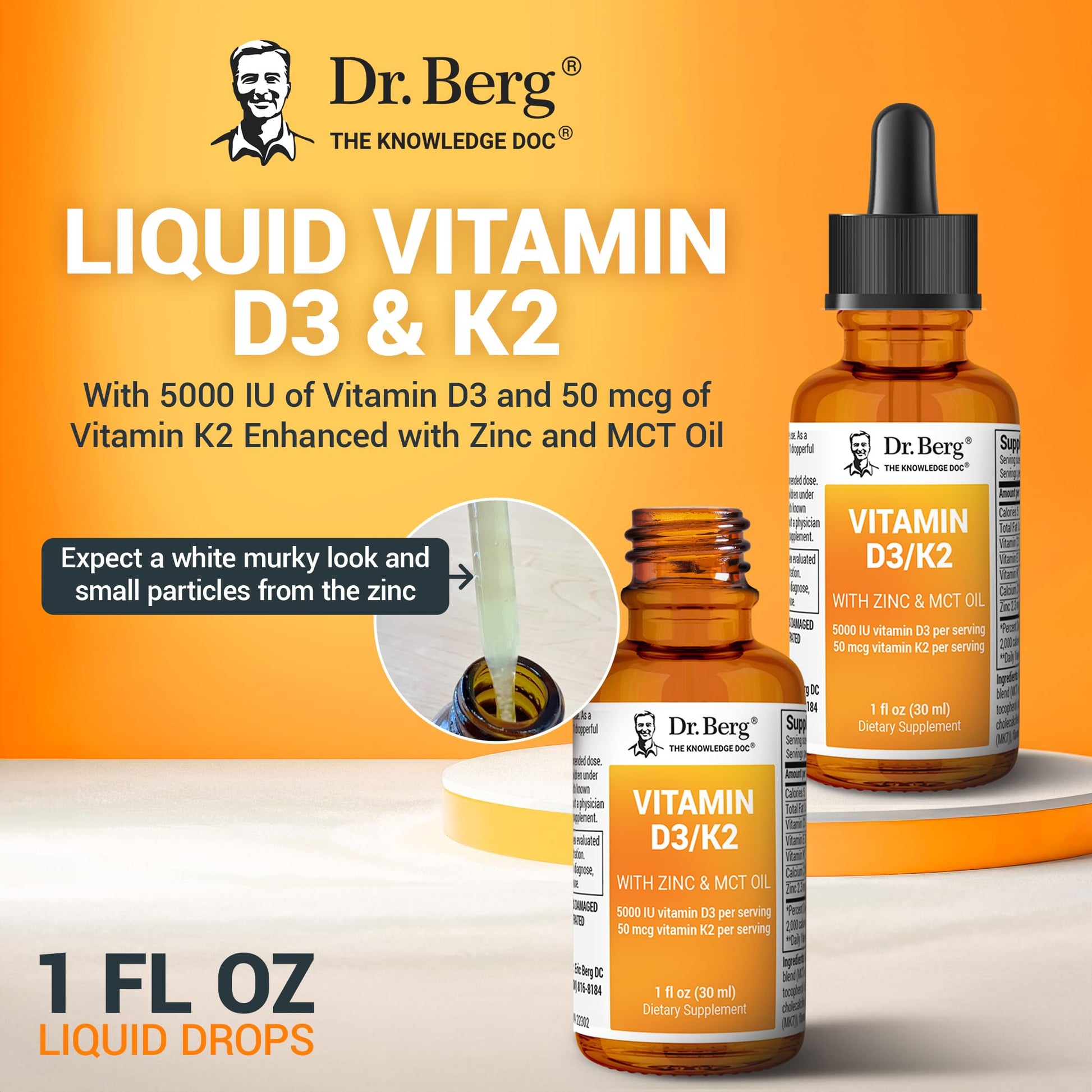 Dr. Berg Liquid Vitamin D3 & K2 Supplement with Zinc - for Bone, Teeth, Mood & Immune Health* - Vitamin D3 & K2 Drops for Adults - 1 fl oz - Nirvana Guru