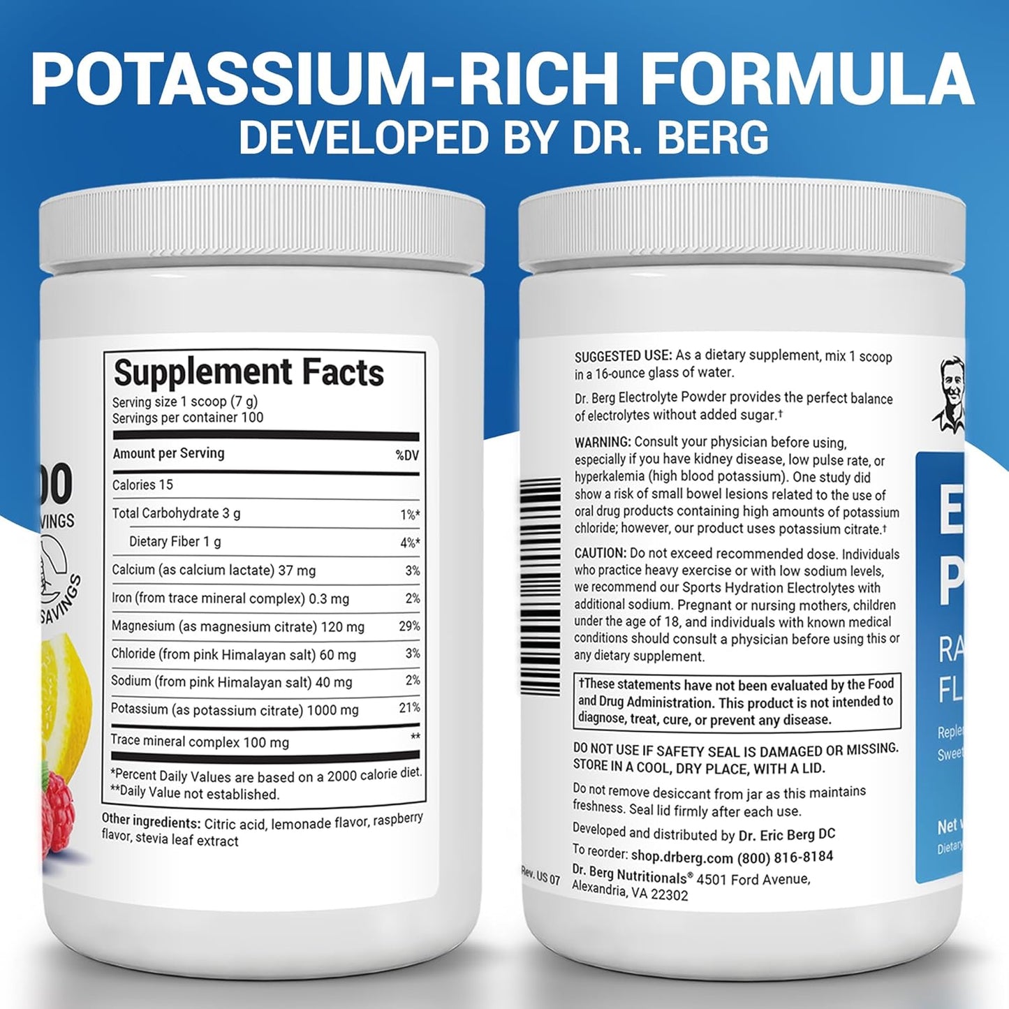 Dr. Berg Zero Sugar Hydration Keto Electrolyte Powder - Enhanced w/ 1000 mg of Potassium & Real Pink Himalayan Salt (NOT Table Salt) - Raspberry & Lemon Flavor Hydration Drink Supplement, 100 Servings - Nirvana Guru