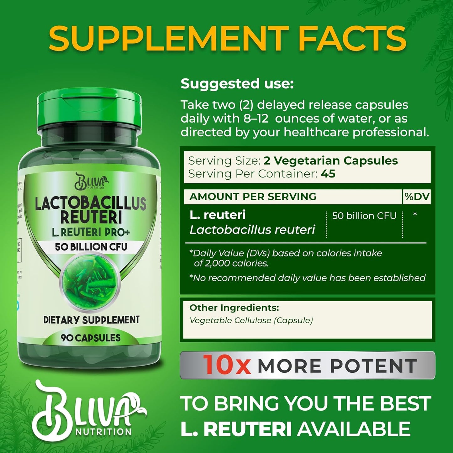 BLIVA Lactobacillus Reuteri Capsules – L Reuteri - 50 Billion CFU per Serving - Highest CFU Count L Reuteri Supplement - 90 Capsules - Nirvana Guru