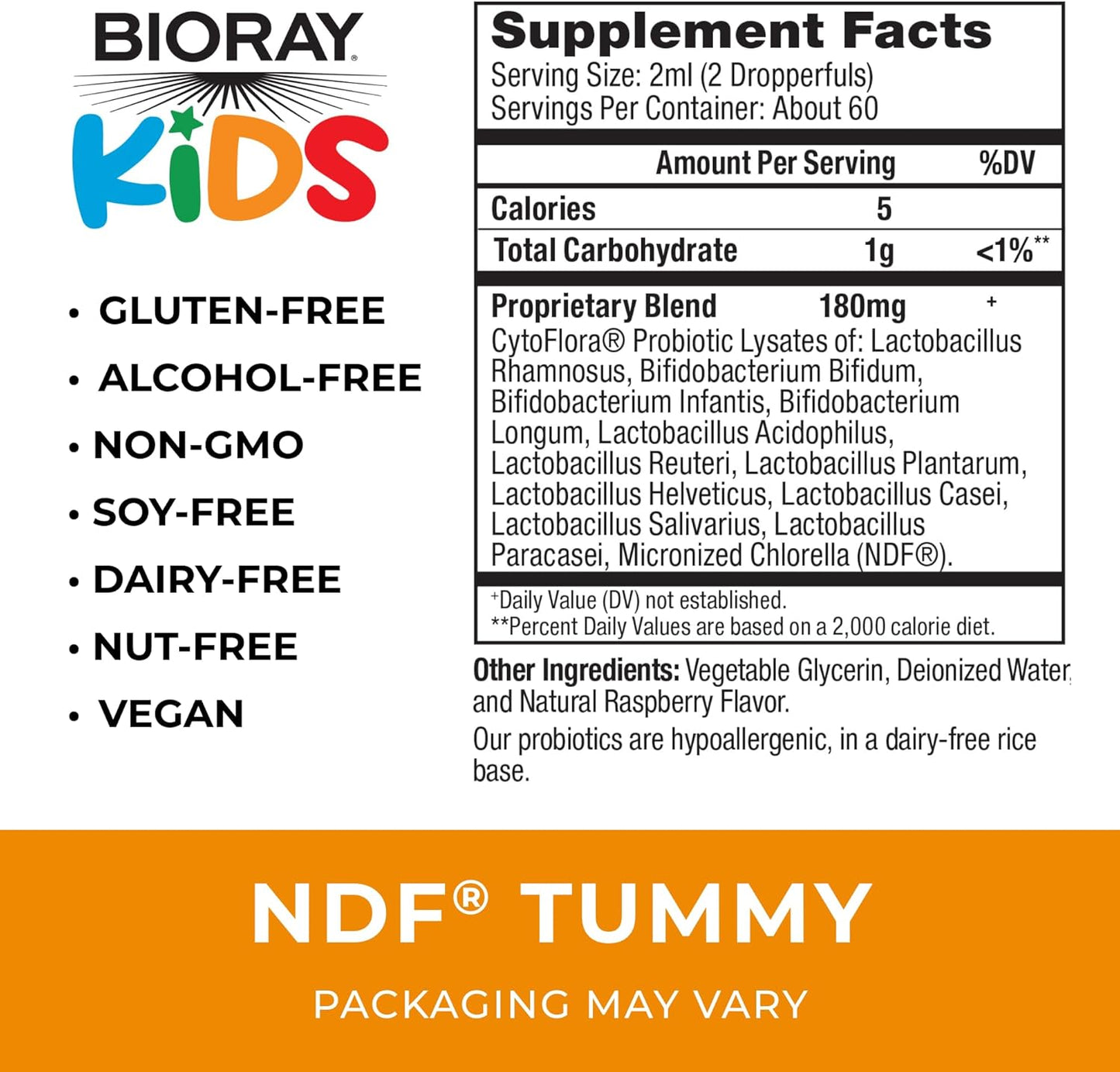 BIORAY Kids NDF Tummy, Raspberry - 4 fl oz (120 mL) - 11-Strain Probiotic Blend - Supports The Immune Response in The GI Tract - Non-GMO, Vegan, Gluten Free - Approx. 120 Servings Nirvana Guru