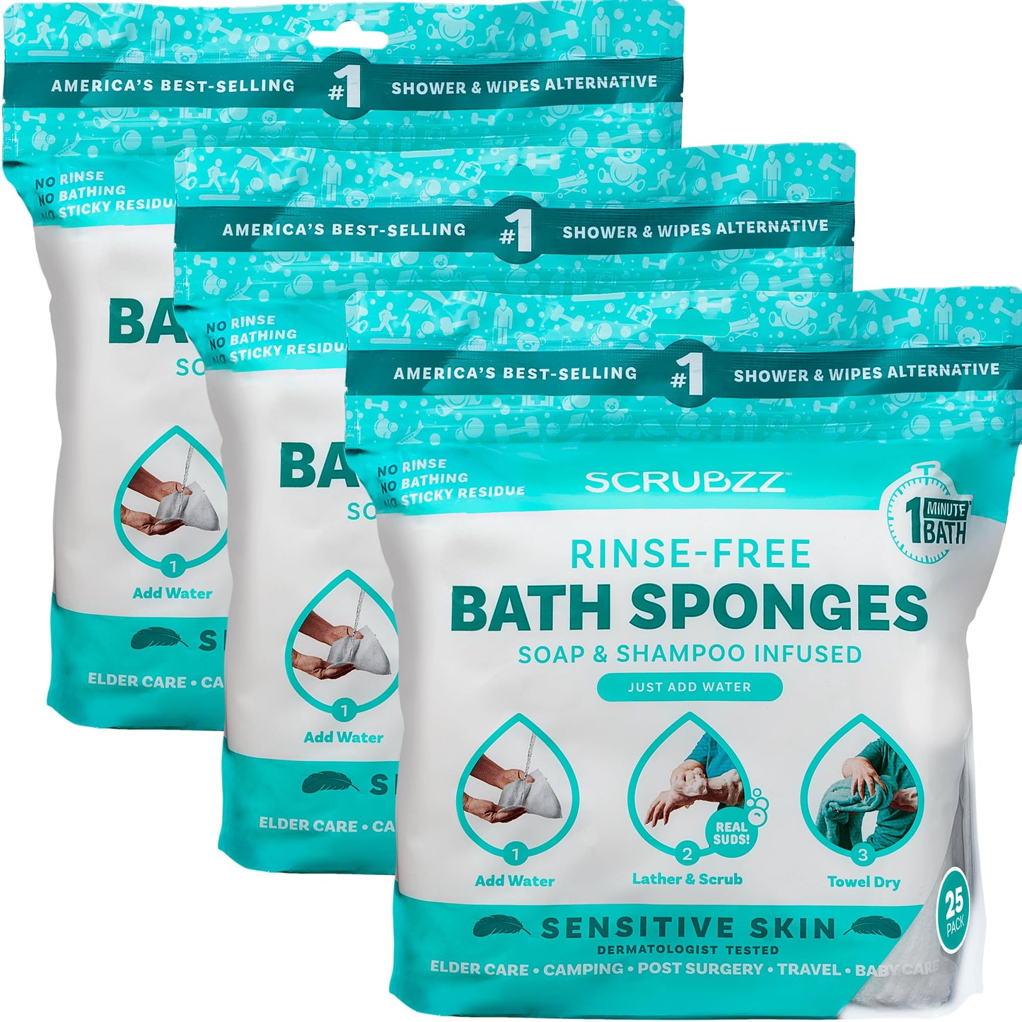 Scrubzz Disposable Rinse Free Bathing Wipes - 25 Pack - All-in-1 Single Use Shower Wipes, Simply Dampen, Lather, and Dry Without Shampoo or Rinsing Nirvana Guru