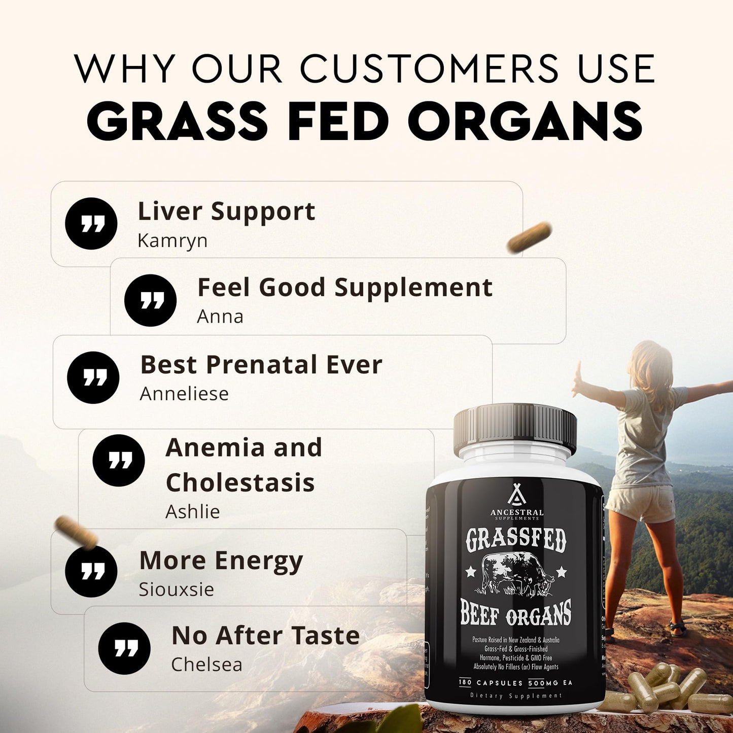 Ancestral Supplements Grass Fed Beef Liver 180 Capsules, Supports Energy Production, Detoxification, Digestion, Immunity and Full Body Wellness, Non-GMO, Freeze Dried Liver Health Supplement