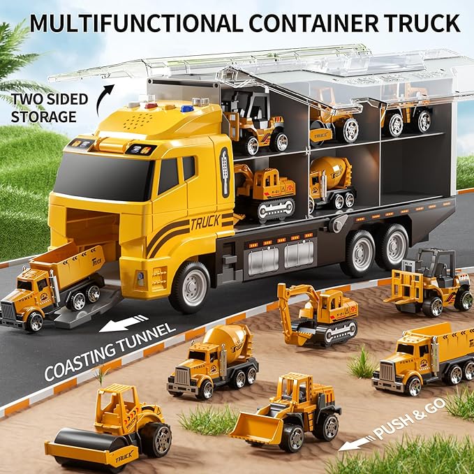 Toddler Boys Construction Truck Vehicle Toy Set with Play Mat and Die-Cast Toy Car, Transport Carrier Truck for Kids 3-5, Birthday Gifts Toys for 3-8 Year Old Boys Nirvana Guru